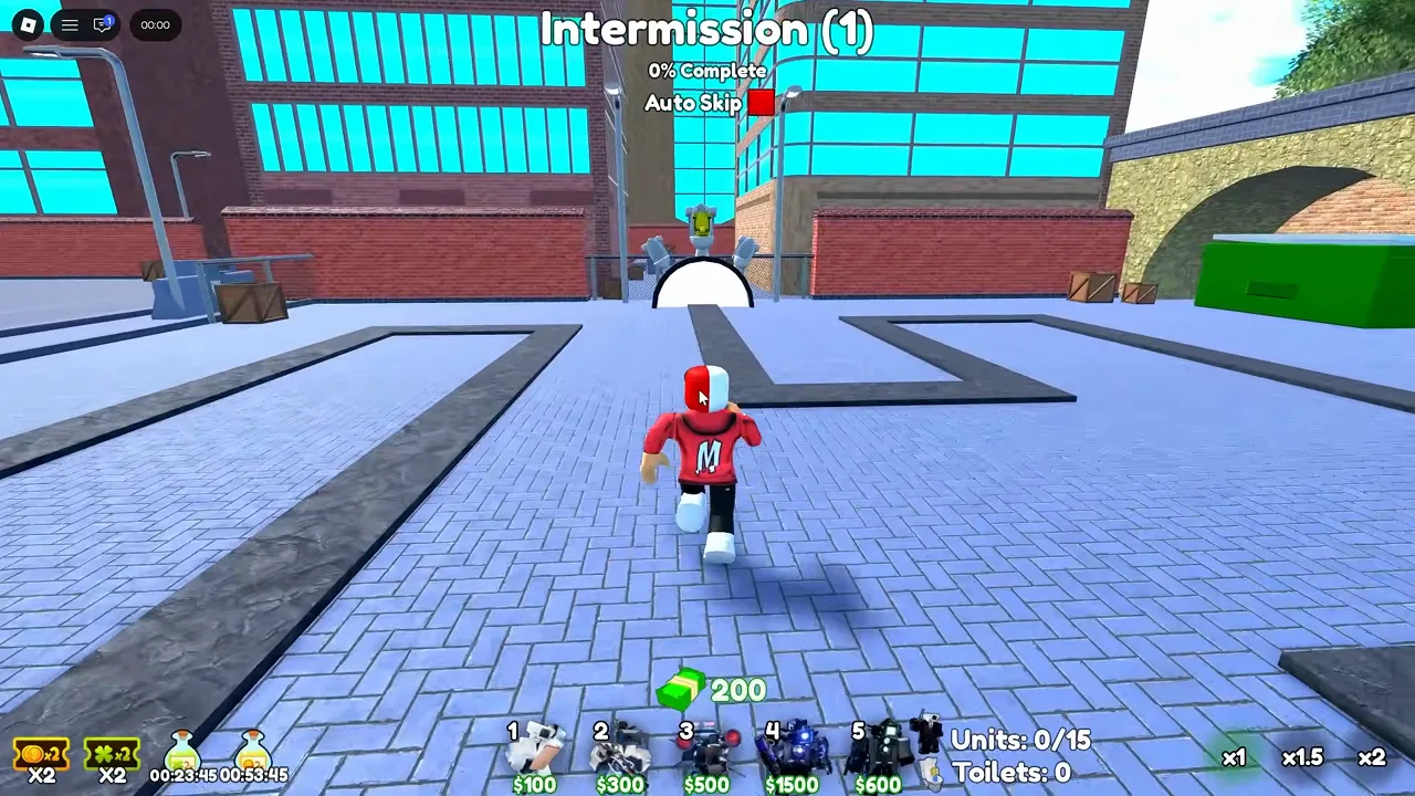 Cameraman Tower Defense Intermission screen showing starting 200 cash and five-unit hotbar with costs up to 1500.
