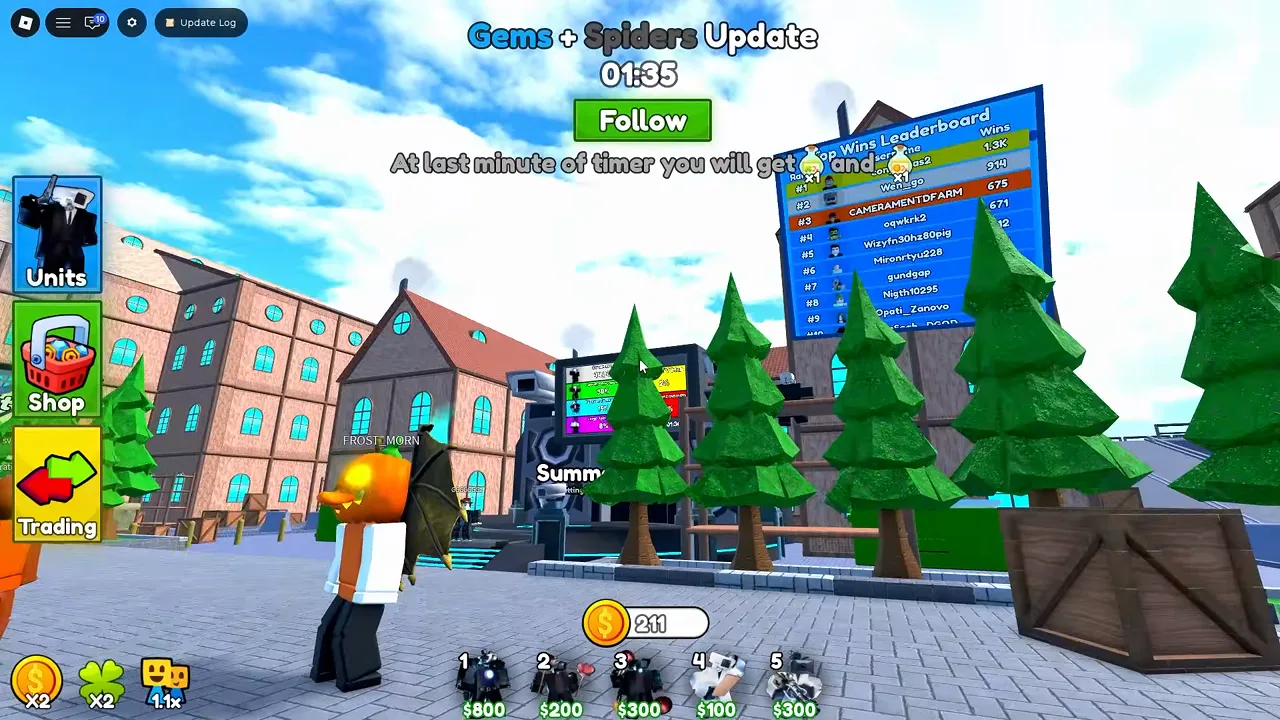 Cameraman Tower Defense beginner lobby view with main menu buttons and unit hotbar placement costs.