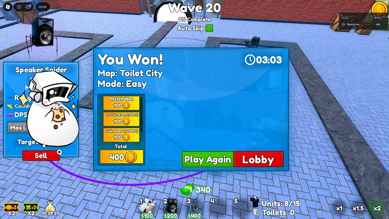 Cameraman Tower Defense victory screen for Toilet City Easy mode showing 400 total coins and Play Again button.