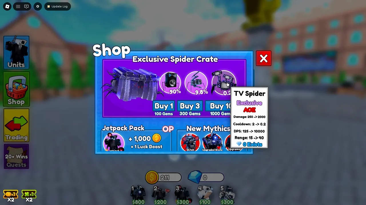 Cameraman Tower Defense Exclusive Spider Crate shop UI with gem pricing visible next to other Shop tabs.