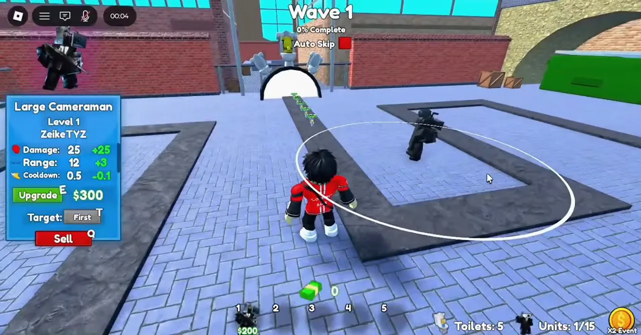 Cameraman Tower Defense Hard mode Wave 1 screenshot with Large Cameraman stats and 300 dollar upgrade cost.