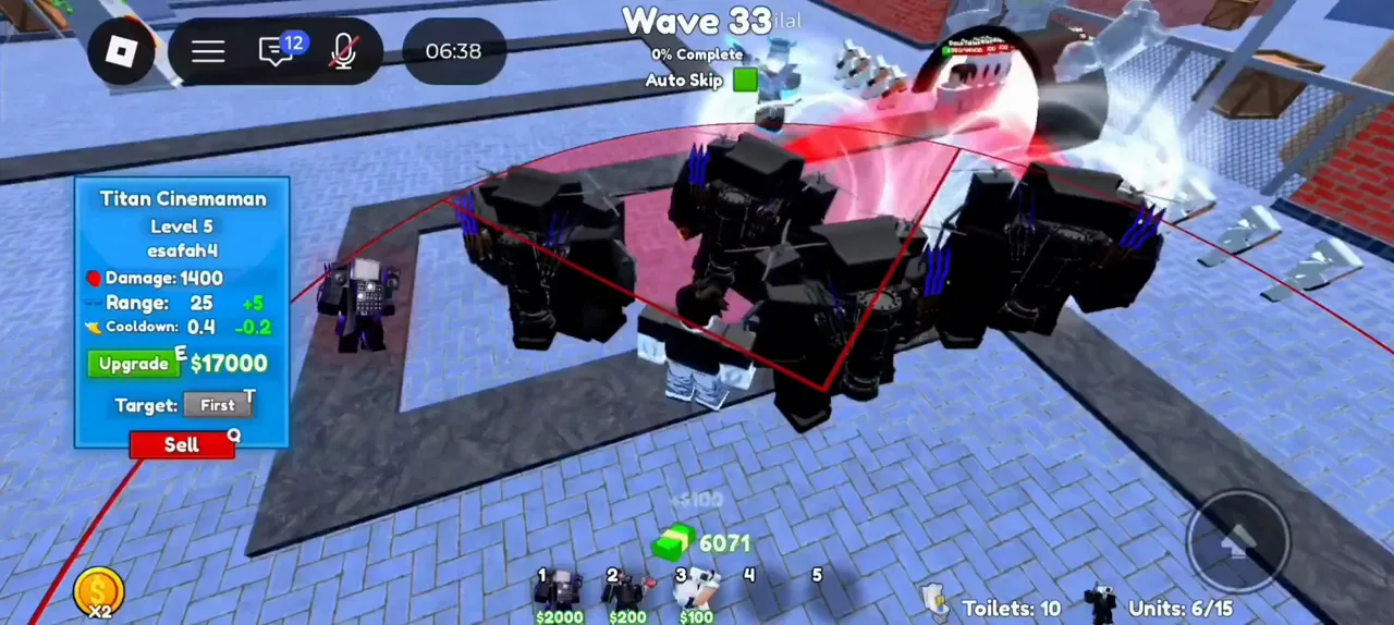 Cameraman Tower Defense Insane difficulty Wave 33 with Titan Cinemaman level 5 upgrade panel and 17000 dollar upgrade price.