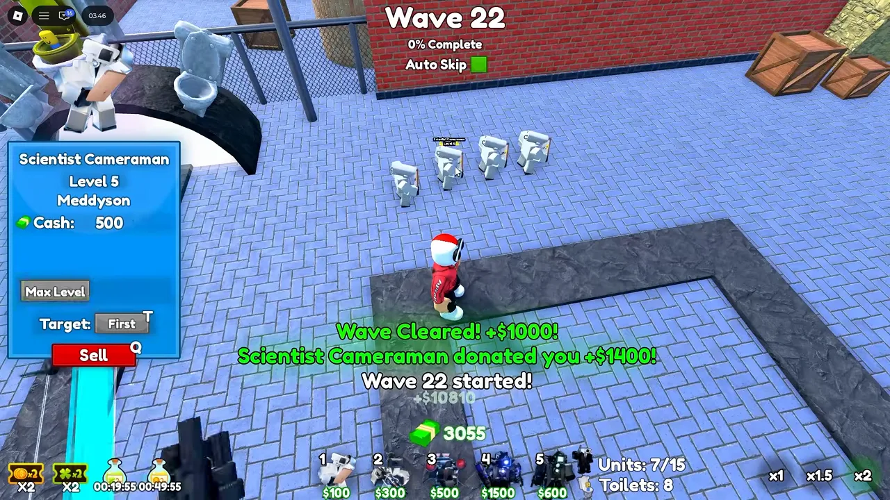 Cameraman Tower Defense max level Scientist Cameraman showing 1400 coin donation income at Wave 22.