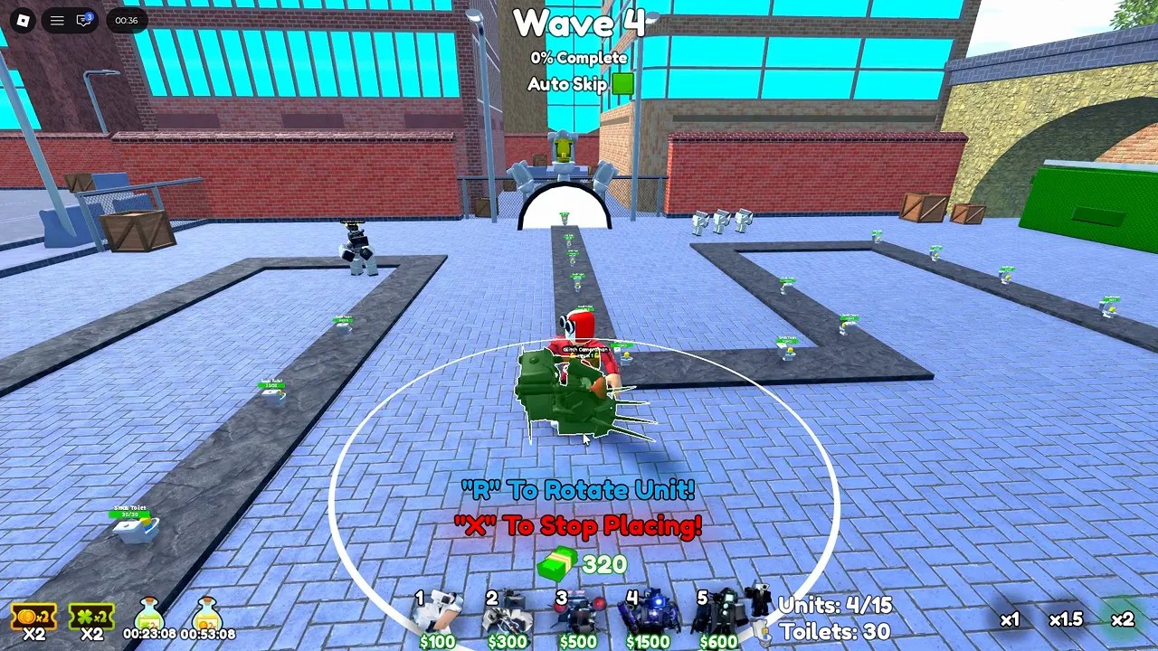 Cameraman Tower Defense in-match economy view with 320 cash during Wave 4 unit placement.