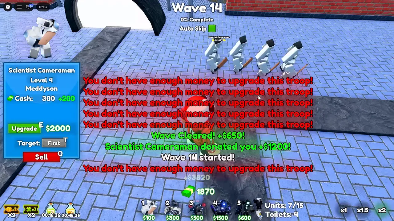 Cameraman Tower Defense economy message showing 650 wave clear reward and 1200 Scientist Cameraman donation.