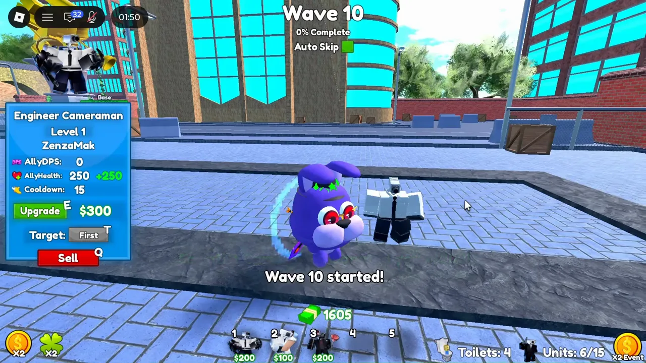 Wave 10 Engineer Cameraman panel in Cameraman Tower Defense with 200 dollar placement cost and six of fifteen units placed