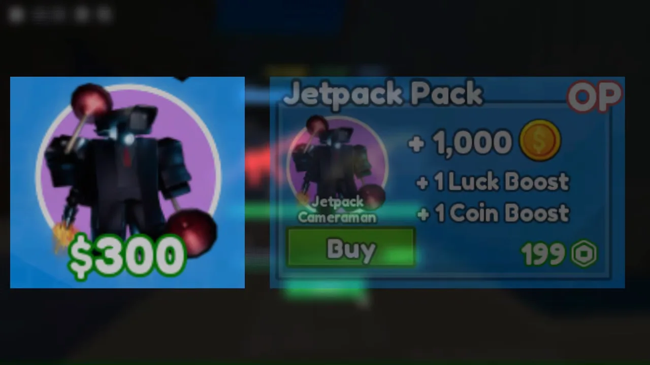 Jetpack Pack shop bundle in Cameraman Tower Defense showing Jetpack Cameraman 199 Robux price plus 1000 coins and luck and coin boosts