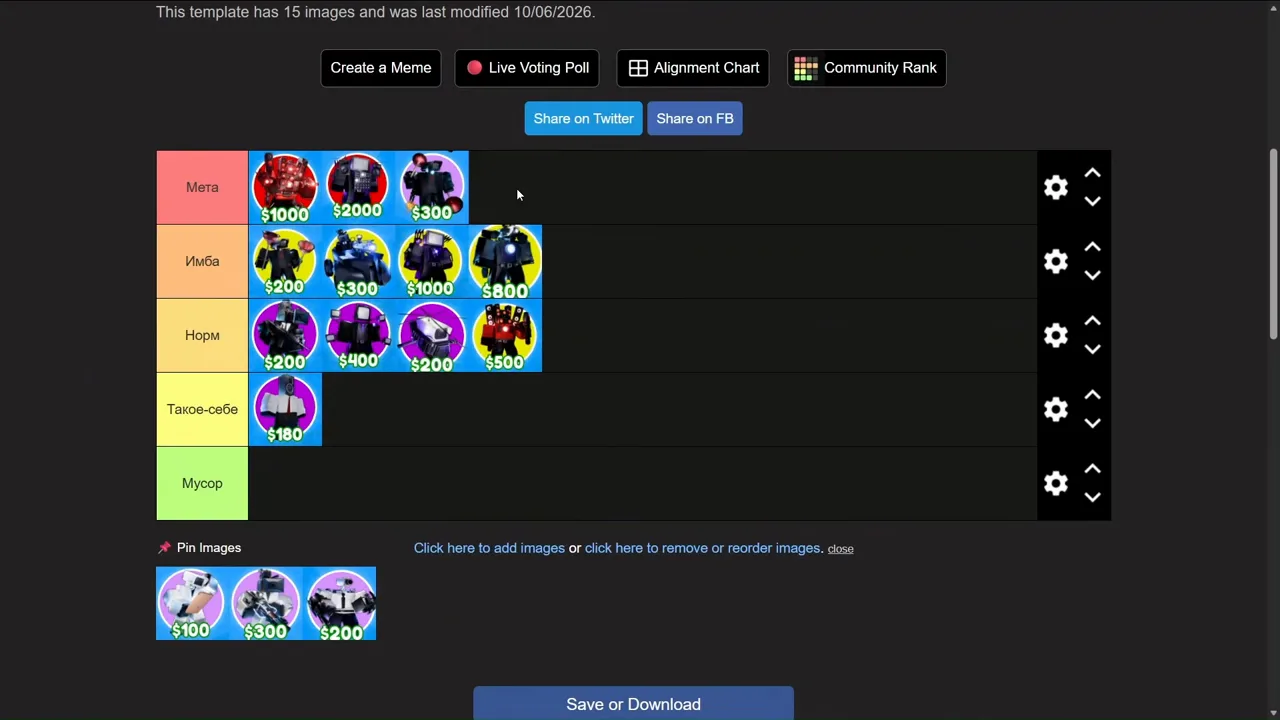 Tier list screenshot ranking Jetpack Cameraman in the Imba tier at 300 dollars in Cameraman Tower Defense
