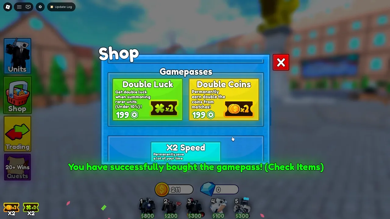 Cameraman Tower Defense Shop Gamepasses screen showing Double Luck for 199 Robux and a successful purchase banner below the Codes scroll path.