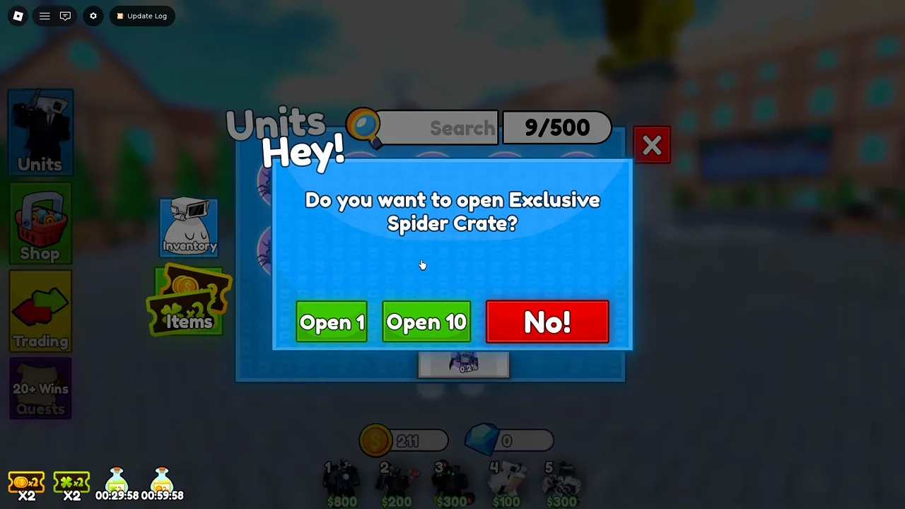 Cameraman Tower Defense Hey popup asking to open the Exclusive Spider Crate, showing Shop overlays while navigating purchase tabs.