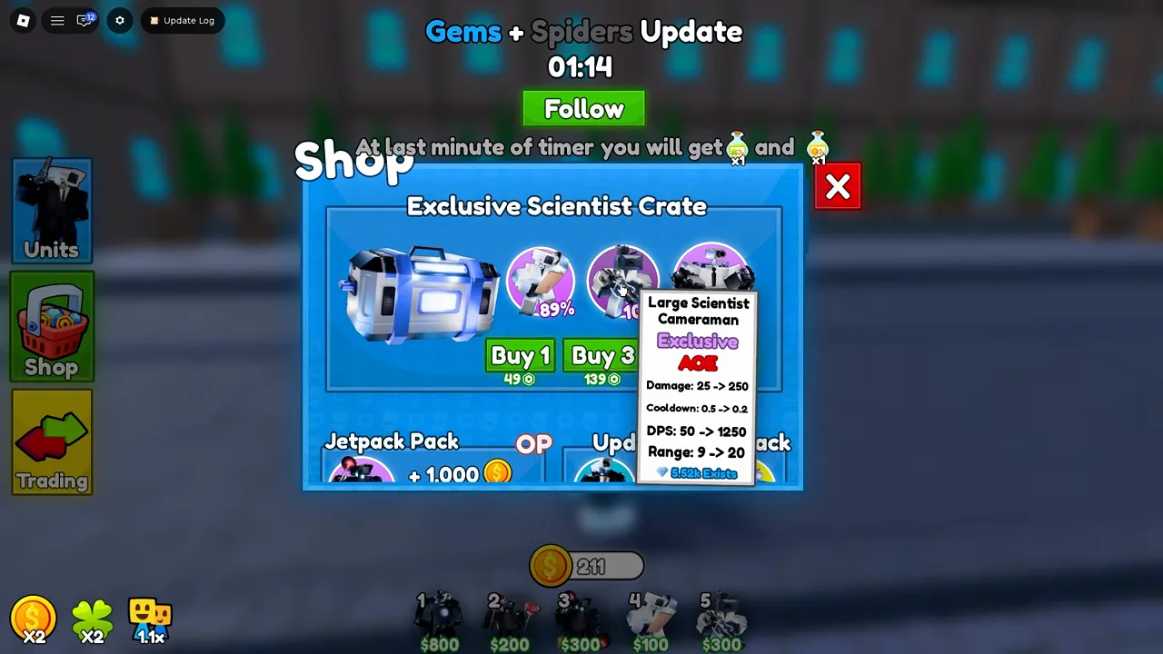 Cameraman Tower Defense Scientist Crate shop odds 89 percent 10 percent 1 percent with Robux bundle prices.