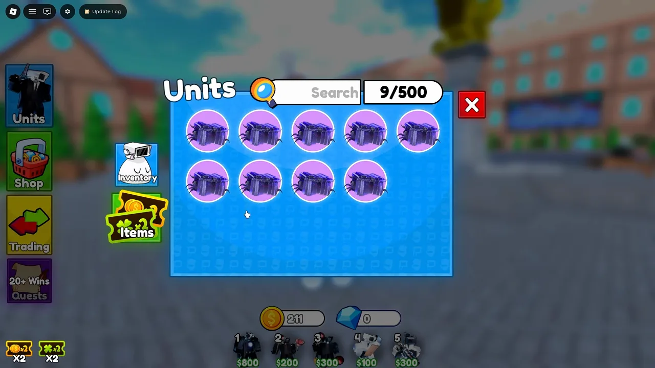 Cameraman Tower Defense Units inventory screen showing 9 of 500 slots filled with crate items.