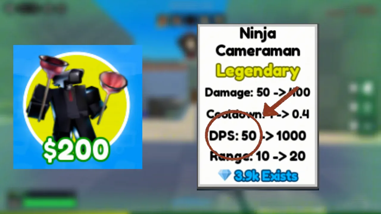 Ninja Cameraman Legendary placement cost 200 and max DPS 1000 on the stat card in Cameraman Tower Defense