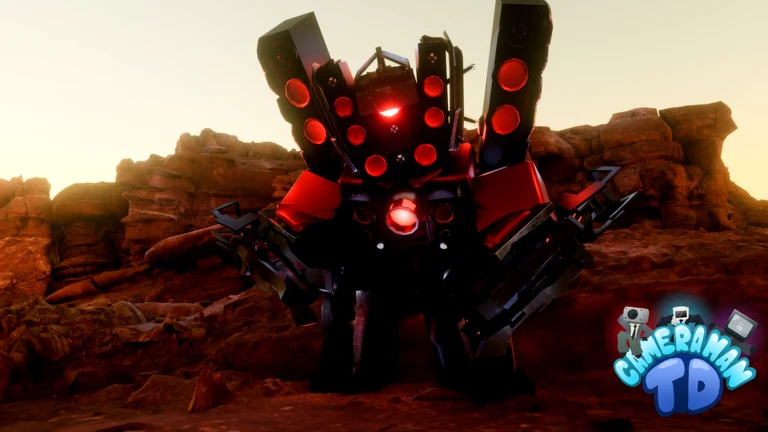 Official Roblox store art for Cameraman Tower Defense: a red Titan Speakerman towering over a desert at dusk